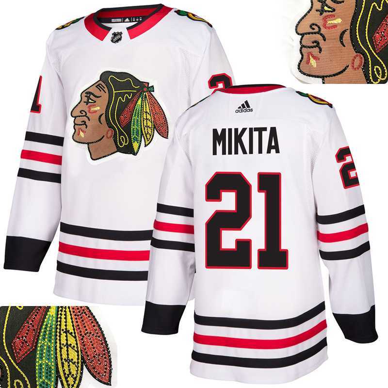 Blackhawks #21 Mikita White With Special Glittery Logo Adidas Jersey